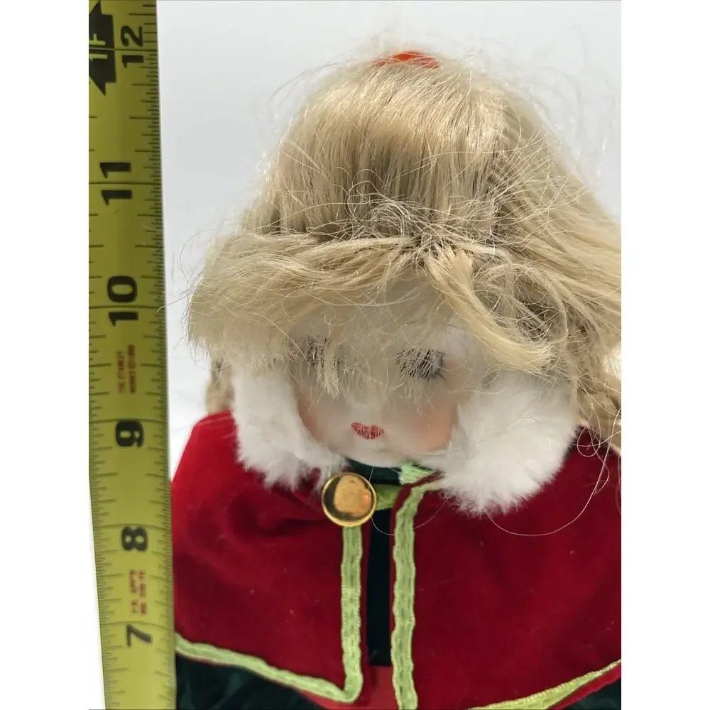 Vintage Porcelain Christmas Doll – Green Dress, Red Cape, Holiday Décor (Blonde)